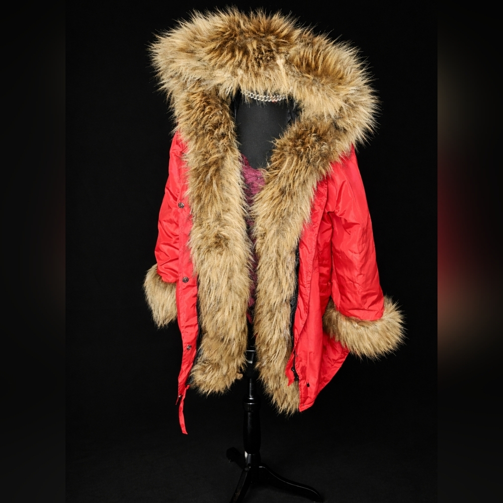 Luxurious Red Fur-Trimmed Puffer Coat